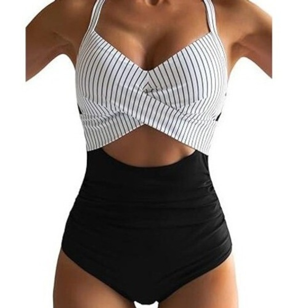 EOMENIE One Piece Swimsuit Tummy‎ Control Padded Cut Out Striped Small